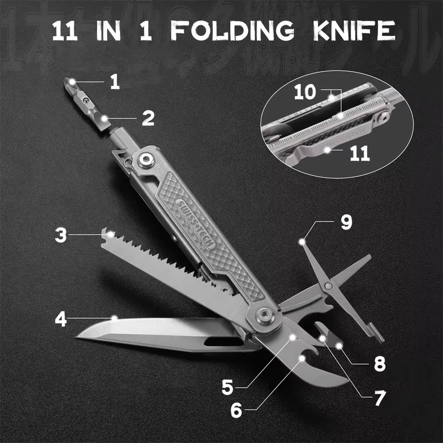 SWISS TECH 11-in-1 Multitool-Messer in Silber, klappbares Mini-EDC-Werkzeug mit Schere und Säge für Outdoor und Überlebensausrüstung - Bild 2