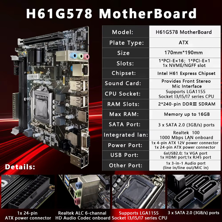 AIBOMAN H61 Motherboard LGA 1155 ATX mit DDR3 RAM Unterstützung und NVMe/M.2 in Schwarz - Bild 2