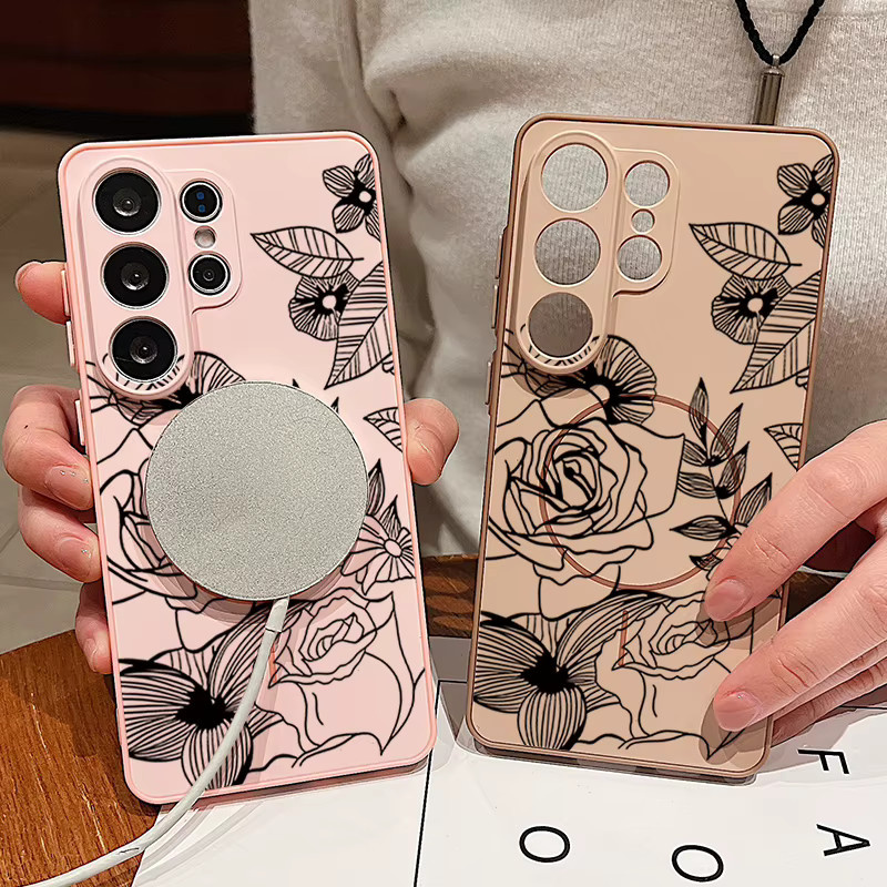 Magnetische Handyhülle mit schwarzem Blumenmuster für Samsung Galaxy S25 S26 Ultra Edge S24 S23 FE A17 A56 A37 A16 A55 A15 A36 A55 Cover in Schwarz und Grau - Bild 2