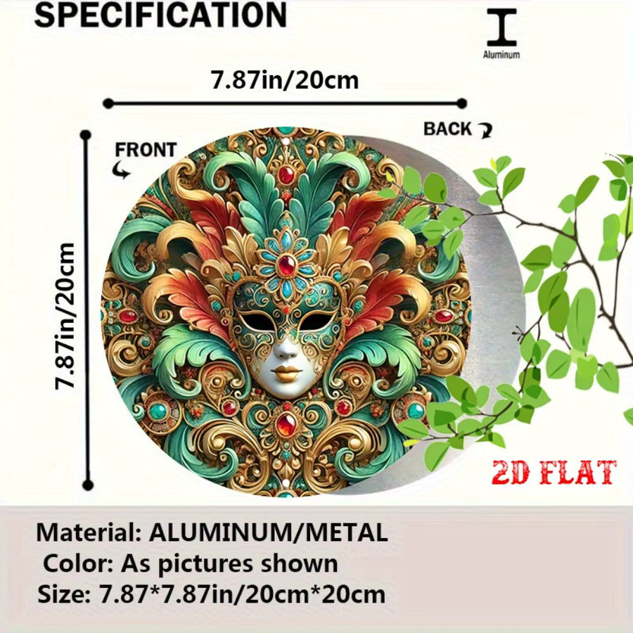 Venezianische Maske Wandkunst aus Metall von CIFBUY, runde Wanddekoration im rustikalen Design mit Federverzierungen, Mehrfarbig, Durchmesser: 20 cm - Bild 2