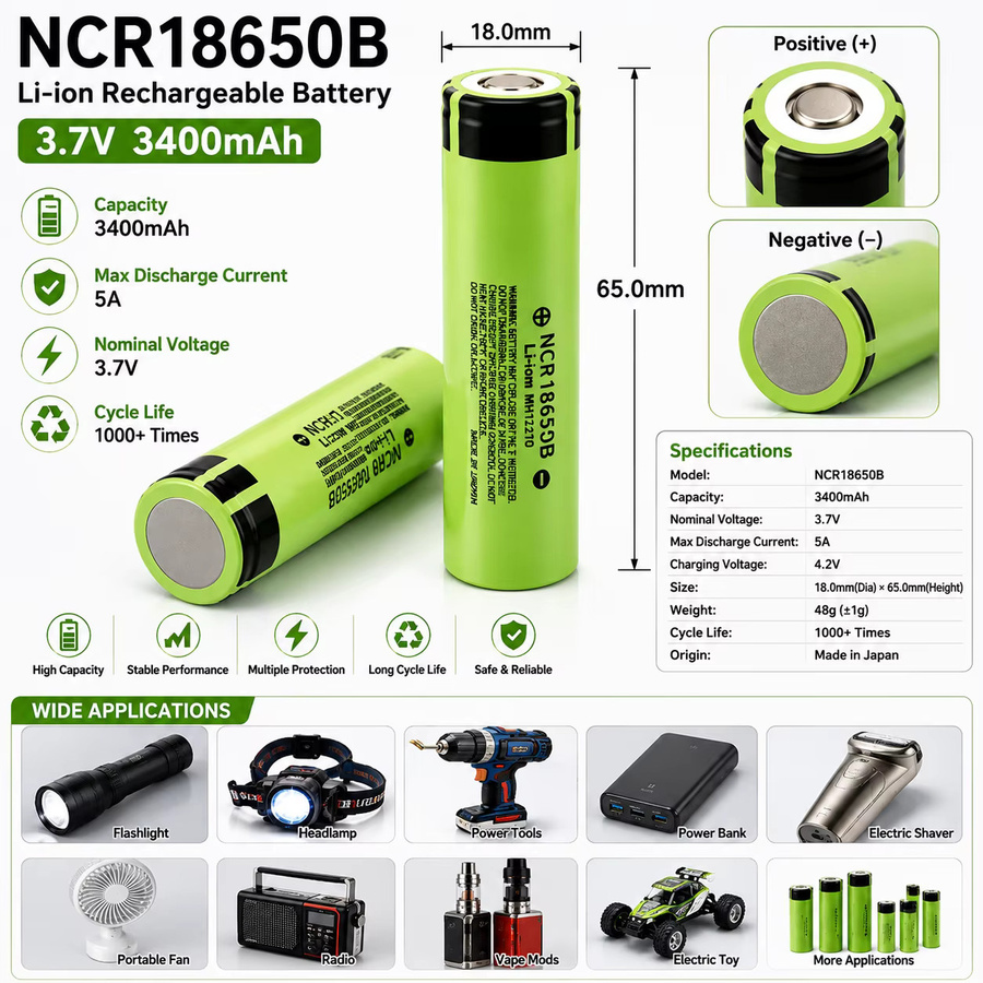 NCR18650B Li-Ion Akku 3400mAh 3,7V mit Button-Top-Anschluss für Taschenlampen und Powerbanks - Bild 5
