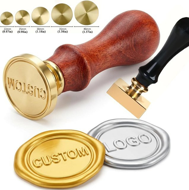 QWELL Personalisiertes Logo-Wachssiegel-Stempelset aus Holz in Gold für Hochzeitseinladungen und Umschlagversiegelung - Bild 1