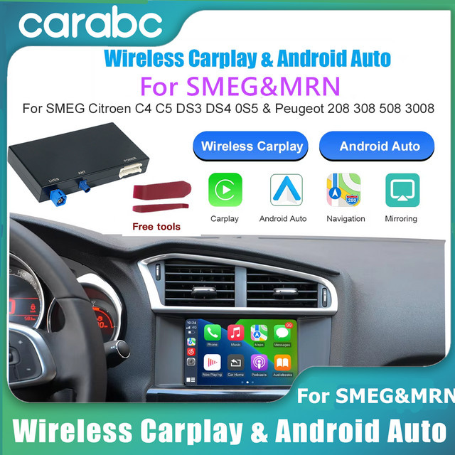 CARABC Drahtloses CarPlay und Android Auto Modul für Peugeot und Citroen SMEG & MRN Systeme inklusive Rückfahrkamera in Schwarz - Bild 1