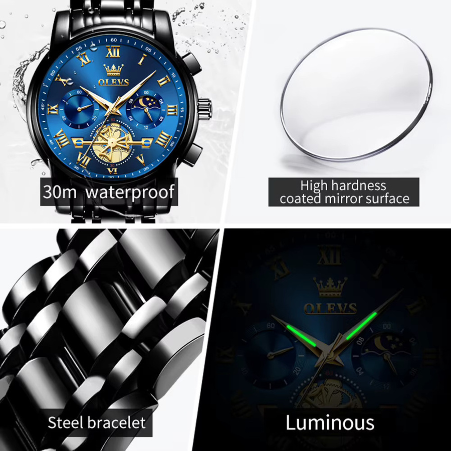 OLEVS Chronograph, Quarz, Edelstahl, Blau, Herren - Bild 3