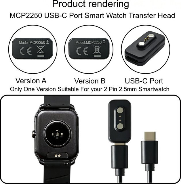 NETCOSY Magnetischer Ladeadapter mit USB-C-Kabel für 2-Pin-2,5-mm-Smartwatch in Schwarz - Bild 1