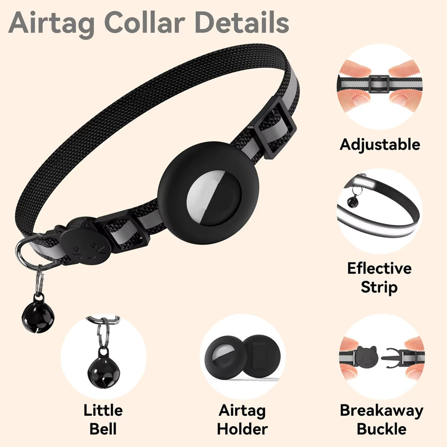 Reflektierendes Katzenhalsband mit verstecktem Halter für Apple AirTag GPS Tracker in Schwarz - Bild 5
