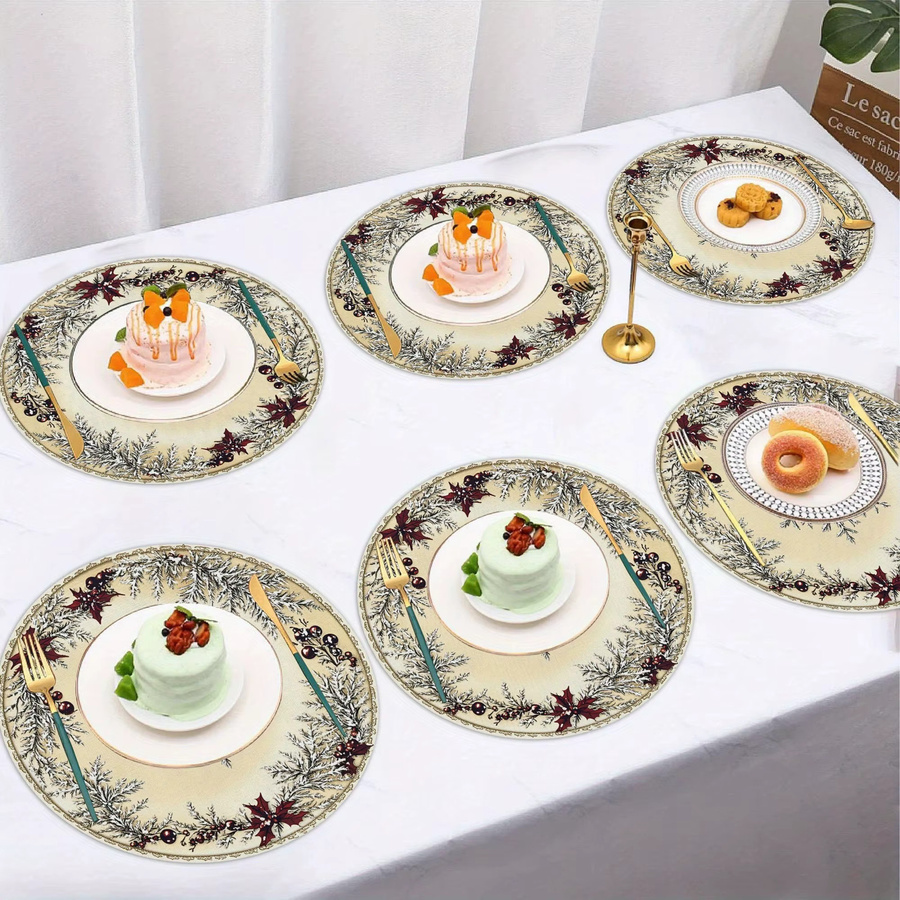 VIKAMA 6er Set Weihnachtliche Tischsets aus Leinen mit Holly- und Schneeflocken-Design in Rot und Mehrfarbig, Rund - Bild 3