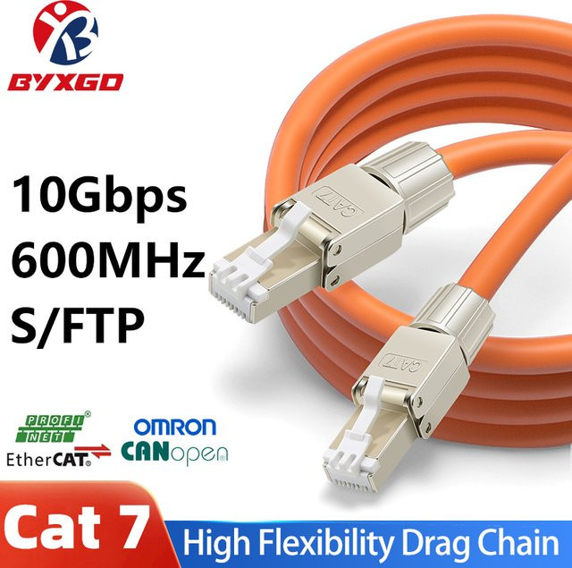 BYXGD Industrielles Ethernet-Kabel Cat.7 in Orange, 600MHz, 10Gbps, hochflexibel mit werkzeugfreiem RJ45-Stecker und doppelter Abschirmung - Bild 1