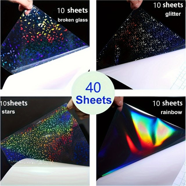 40 Blatt selbstklebende Kaltlaminierfolie in A4 mit 4 gemischten holografischen Vinyl-Aufkleber-Stilen, Multicolor - Bild 1