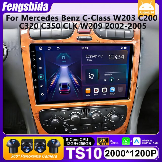 FengShiDa Autoradio mit Android Auto, Apple CarPlay, GPS und 5G Wifi für Mercedes Benz C-Klasse W203 und CLK W209, Schwarz - Bild 1