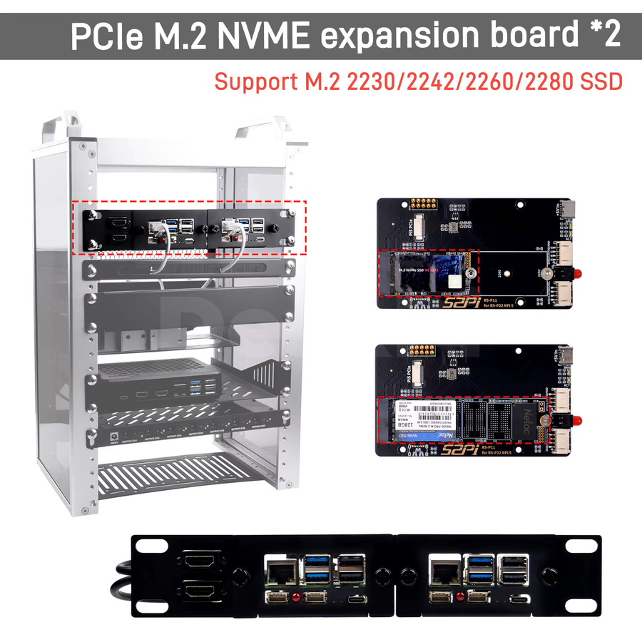 DeskPi Rackmate 10-Zoll 1U Rack-Gehäuse in Schwarz mit 2 PCIE NVME Boards für Raspberry Pi 5 und Unterstützung für M.2 NVMe SSDs - Bild 5