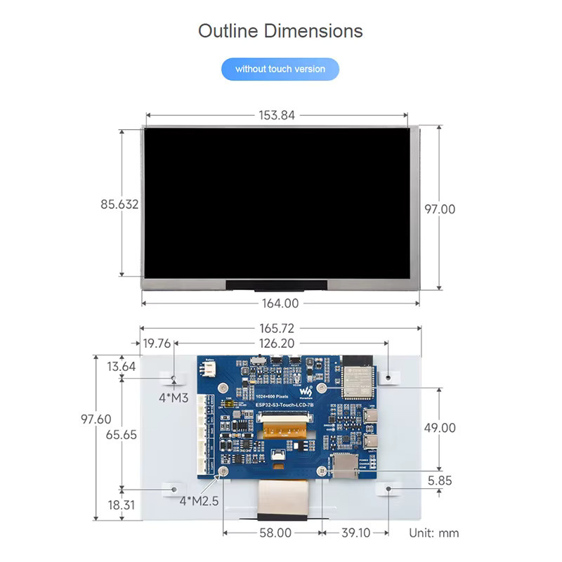SHCHV ESP32-S3 Entwicklungsboard mit 7 Zoll IPS-Touch-Display, 1024 x 600 Auflösung, LX7 Dual-Core, 16 MB Flash, WiFi und Bluetooth 5 für GUI LVGL HMI - Bild 3