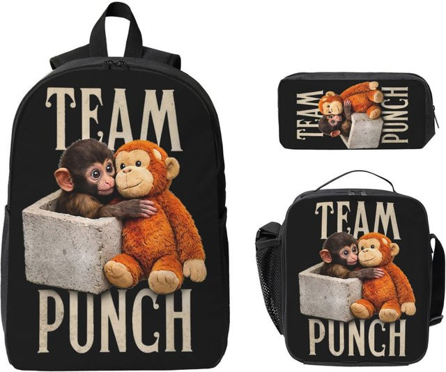 Schulset von Fancy Style Studio mit Rucksack, Brotdose und Federmäppchen im Design Süßer Affe Punch in Schwarz - Bild 1