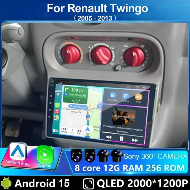 EOENKK Android 15 Carplay Stereoanlage für Renault Twingo 2005 - 2013 mit GPS-Navigation und RDS in Schwarz - Bild 1