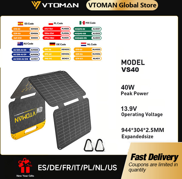 VTOMAN Faltbares 40W Solarpanel in Schwarz, Tragbares Wasserdichtes Solarladegerät mit USB-C und USB-A Ausgängen für Handy, Tablet und Jump 100/FlashSpeed300, Ideal für Camping, Reisen und Wandern - Bild 1