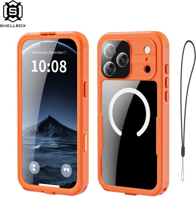 Shellbox Wasserdichte Handyhülle mit 360 Grad Rundum-Schutz und Sturzsicherung für iPhone 16 Pro Max, iPhone 17 Air, iPhone 15 und iPhone 14 Pro in Orange - Bild 1