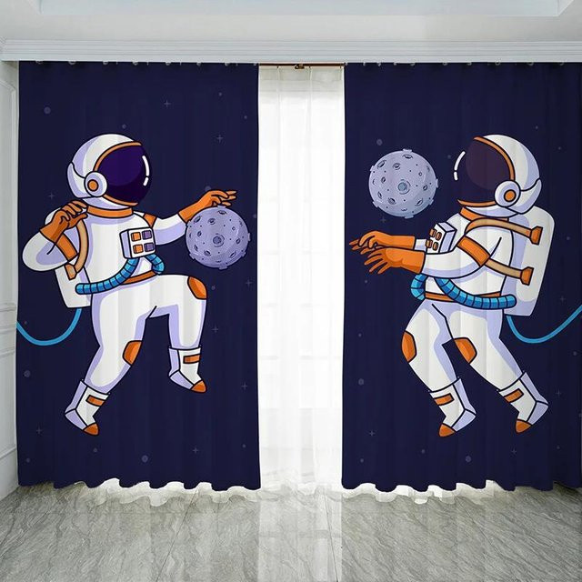 Yiran Furniture Verdunklungsvorhänge für Kinderzimmer mit Weltraum Astronaut Motiv, 2er-Set, Blau, Breite: 55 cm, Höhe: 120 cm - Bild 1