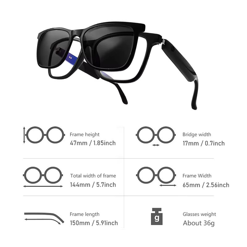 Koipsse Smart-Brille mit Mikrofon und Bluetooth, modische 2-in-1 Sport-Sonnenbrille mit Musikwiedergabe, Anruffunktion, Anti-Blaulicht und UV-Schutz, Schwarz - Bild 3