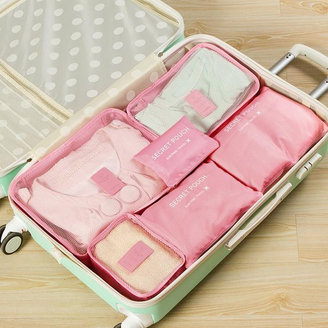 6er-Set Reise Koffer Organizer aus Mesh und Stoff in Rosa für Kleidung und Schuhe - Bild 1