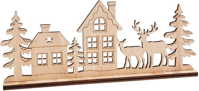 VBS Holz-Steckmotiv Landschaft mit Rehen und Häusern in Beige aus MDF-Holz und Sperrholz - Bild 1
