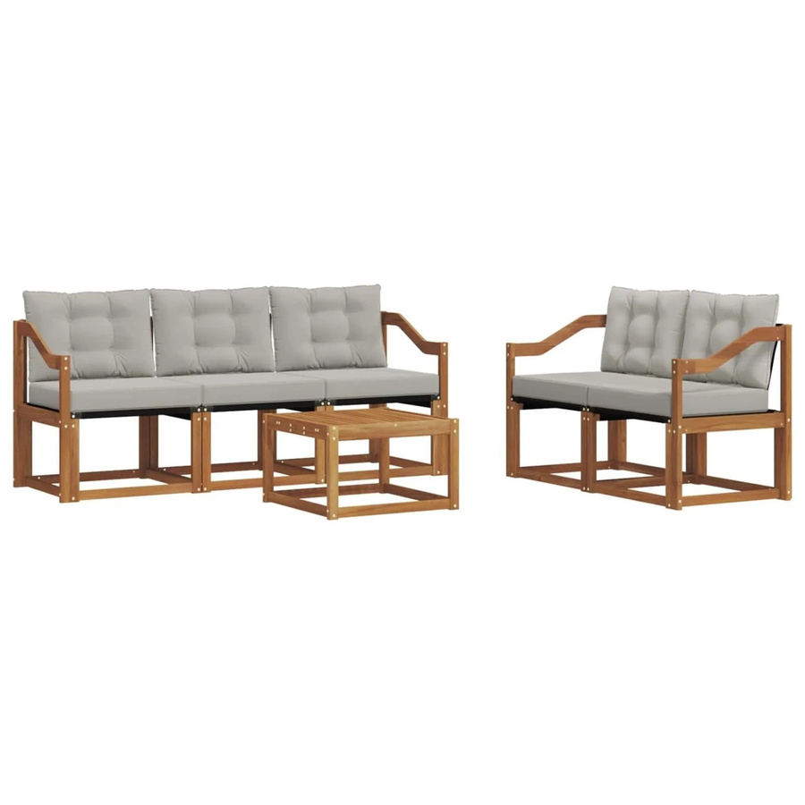 vidaXL Outdoor-Sofagarnitur 6-teilig aus Akazienholz und Textilene in Natur und Hellgrau mit Kissen und Tisch - Bild 2