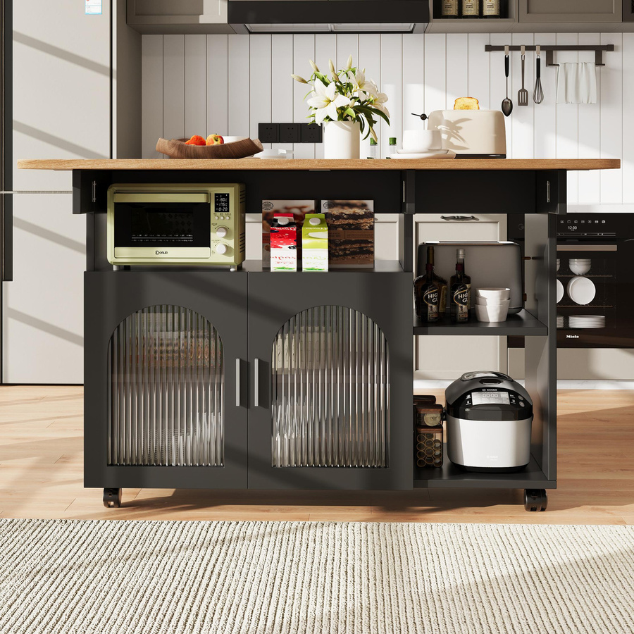 Moderne Kücheninsel FC als multifunktionaler Servierwagen mit Glastürschränken und Stauraum, Schwarz/Braun, B: 120 cm, T: 30 cm, H: 79,5 cm - Bild 2