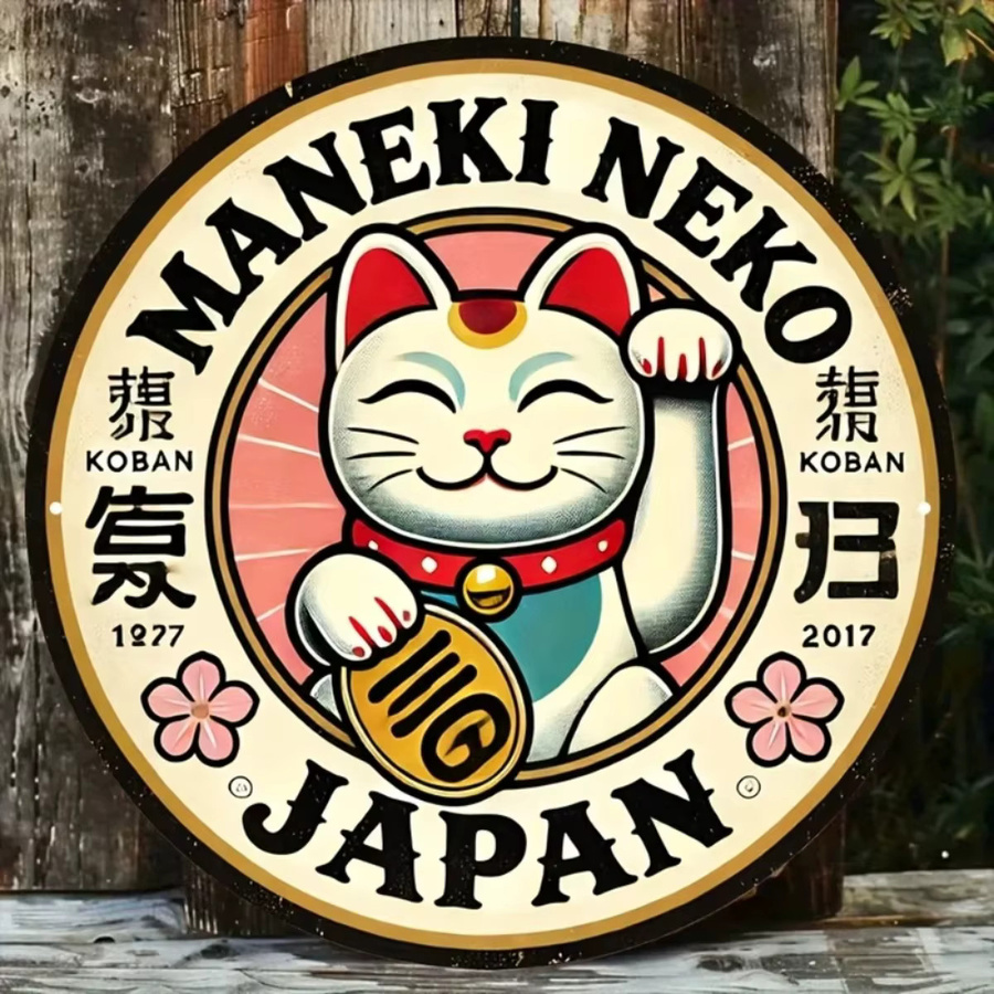 CIFBUY Maneki Neko Aluminiumschild Retro Japanischer Charme Runde Wandkunst Lucky Cat Multicolour - Bild 3