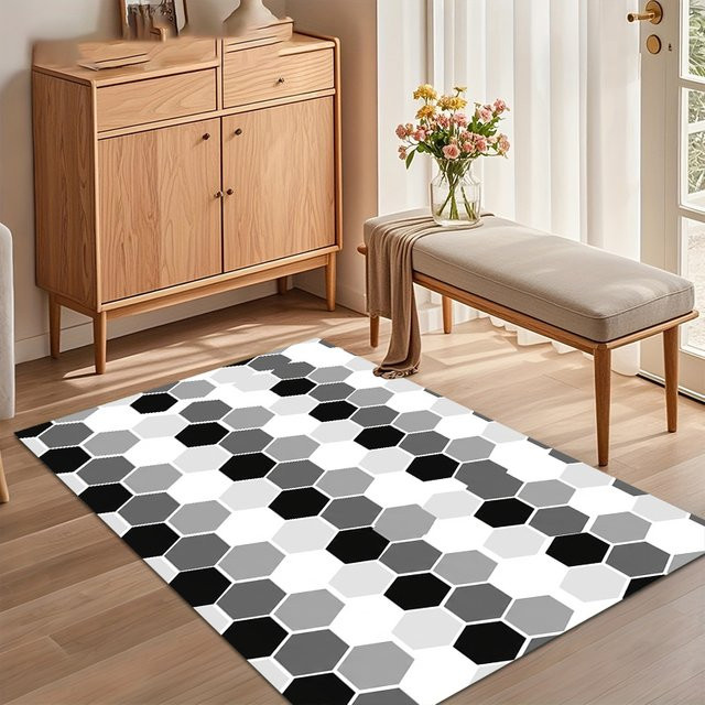 Moderner sechseckiger Mosaik-Teppich in Schwarz-Weiß-Grau, weich, rutschfest und waschbar für Wohnzimmer und Schlafzimmer - Bild 1