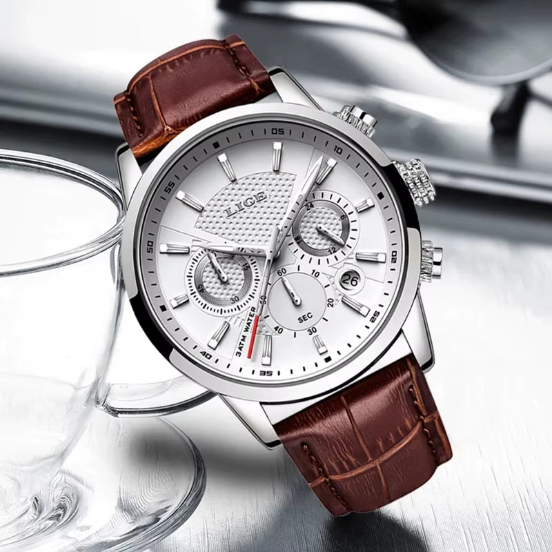 LIGE Chronograph, Quarz, Leder, Herren, Datum, Silber, Edelstahl - Bild 2