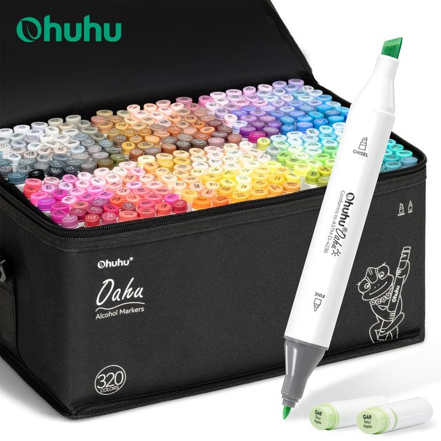 Ohuhu Oahu Alkohol-Kunstmarker Set mit 320 Farben, Doppelspitzen Filzstifte für Manga, Graffiti und Skizzen, Mehrfarbig - Bild 1