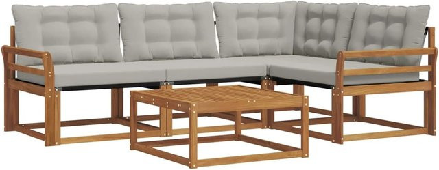 vidaXL Outdoor-Sofagarnitur 5-teilig aus Akazienholz und Textilene in L-Form mit Kissen, Natur und Grau - Bild 1