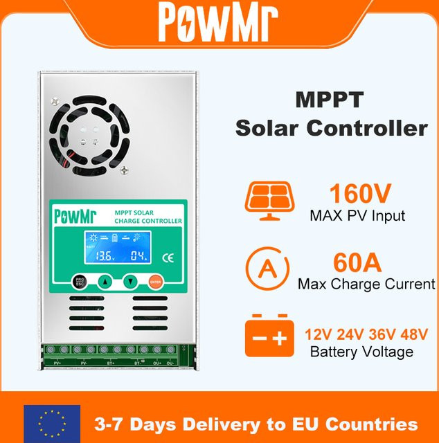PowMr MPPT 60A Solar Laderegler für 12V 24V 36V 48V Systeme mit max. 160VDC für Blei-Säure und Lithium Batterien - Bild 1