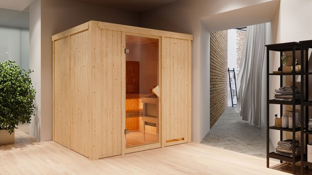 Karibu Sauna SODIN aus Fichte und Espe mit 9,0 kW Ofen, integrierter Steuerung, Dachkranz und Ganzglastür in Graphit, B/T/H: 210 x 170 x 198 cm - Bild 2