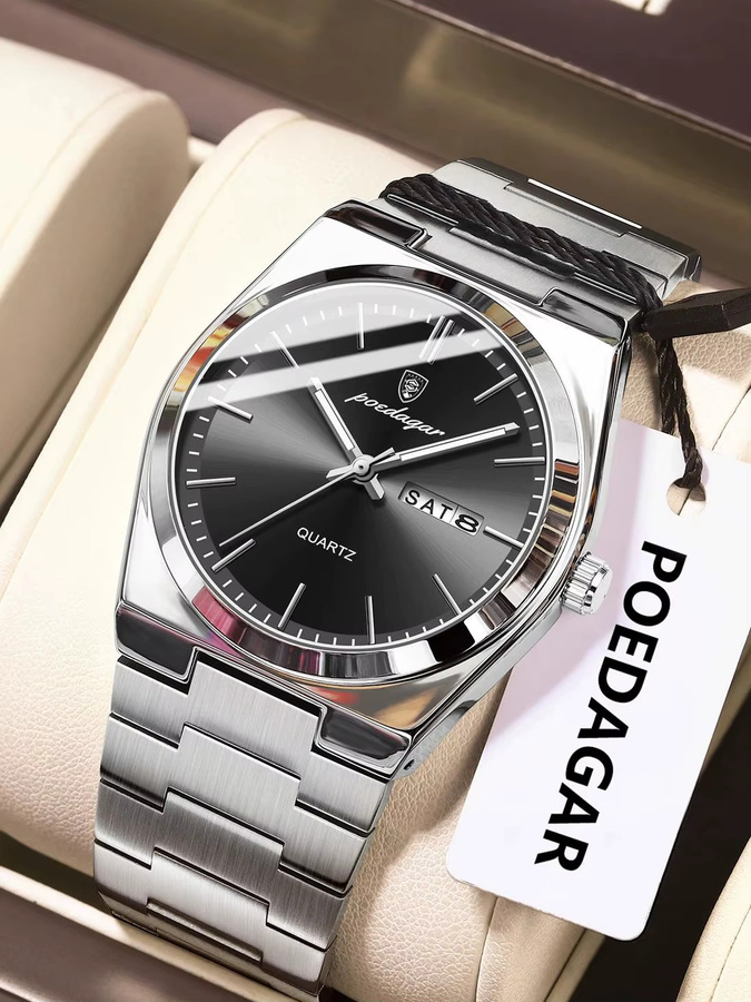 POEDAGAR Armbanduhr Quarz, Edelstahl, Schwarz, Silber, Herren - Bild 7