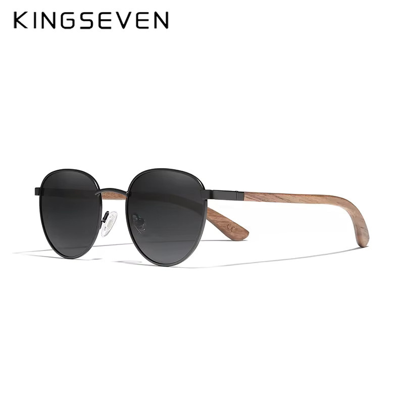 KINGSEVEN Sonnenbrille, Holz, Vollrand, Rund, Schwarz, Unisex, polarisiert, verspiegelt - Bild 3
