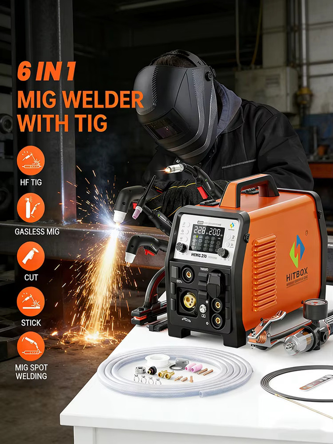 HITBOX HBMC270 Aluminium MIG-Schweißgerät mit synergischer Steuerung, 6-in-1 Multifunktionsgerät für MIG, Stick MMA, ARC, HF TIG und CUT, Gas/Gaslos sowie Punktschweißen für Aluminium und Edelstahl mit großem LED-Display und IGBT-Inverter - Bild 8