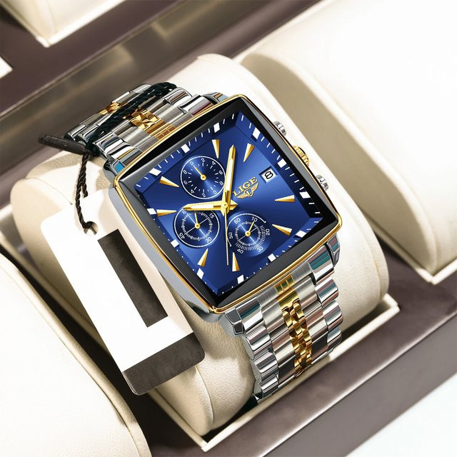 LIGE Armbanduhr Chronograph, Quarz, Edelstahl, Blau, Herren, Eckig - Bild 1