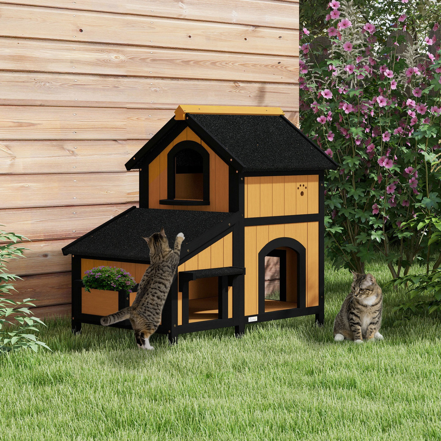 PawHut Katzenhaus aus Tannenholz in Gelb mit 2 Etagen, wetterfestes Katzenhaus für draußen mit Asphaltdach und Blumenkasten, B/T/H: 96 x 65 x 85,5 cm - Bild 2