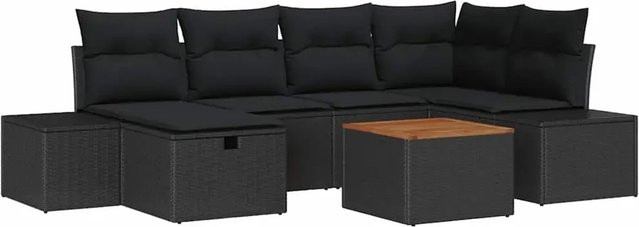 vidaXL Garten-Sofa-Set 7-teilig aus Poly Rattan und Akazienholz in Schwarz mit Kissen - Bild 1
