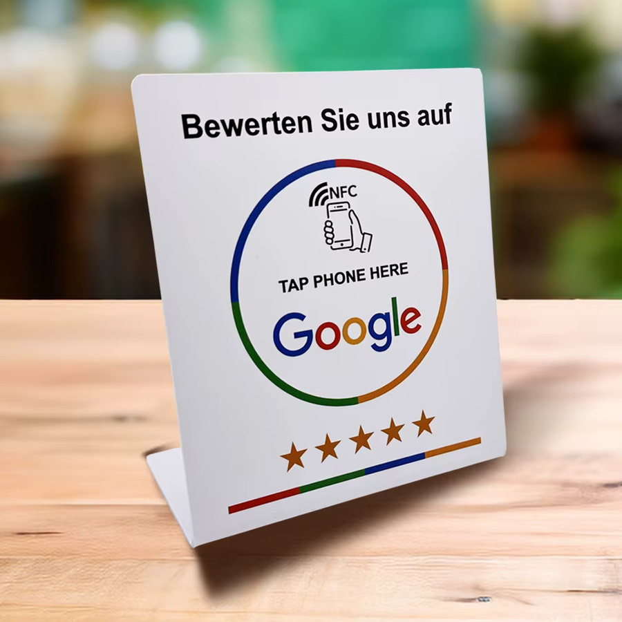 Guang Hongrun NFC Tap-Karten-Ständer für Google Bewertungen in Weiß mit 4 Sprachversionen Deutsch Französisch Spanisch Englisch als Tischdisplay für Restaurants - Bild 1