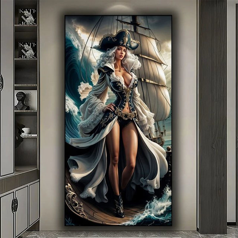 DIY Diamantmalerei Piratenkönigin auf Segelboot als rundes Mosaik-Stickerei-Set in Mehrfarbig zur Wandmontage - Bild 1
