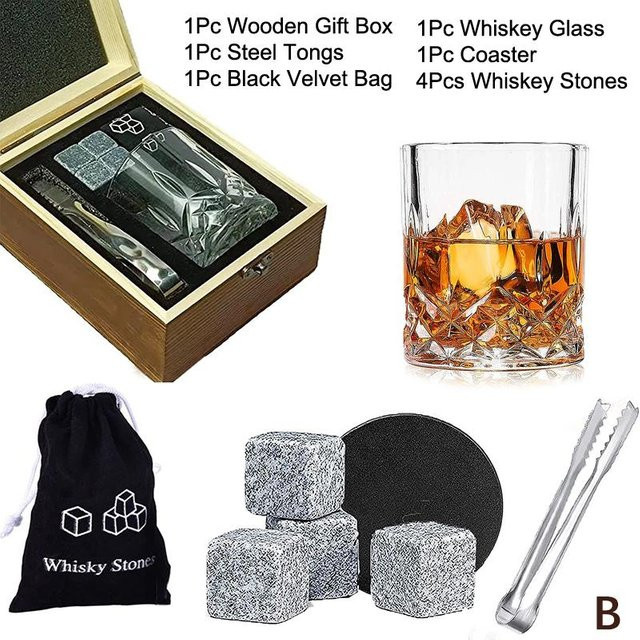 Binchi Outdoor Product Whiskey Geschenkset aus Holz mit 2 Kristallgläsern, 8 Granit-Eiswürfeln und Zange in Braun - Bild 1