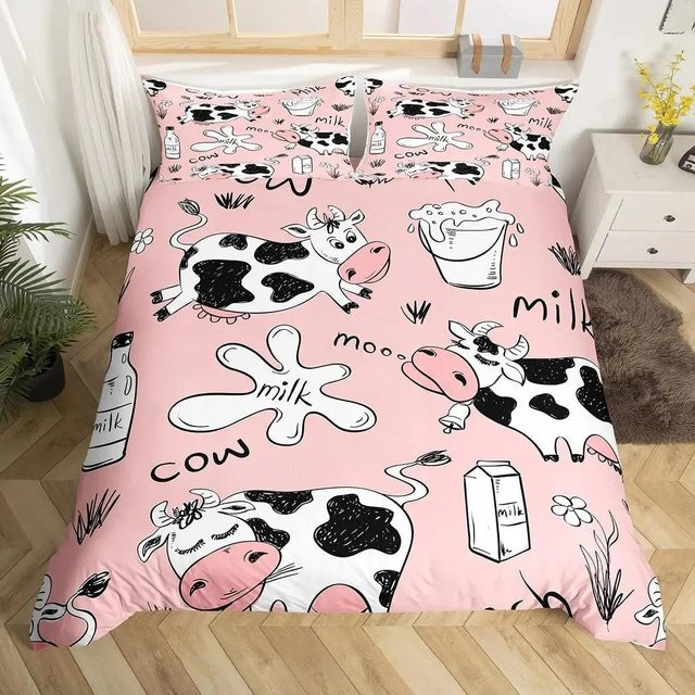 Lodestar Bettwäsche-Set mit Kuh-Print und Karomuster in Pink, bestehend aus Bettbezug und Kissenbezug aus Mikrofaser, Breite: 70 cm, Länge: 133 cm - Bild 1