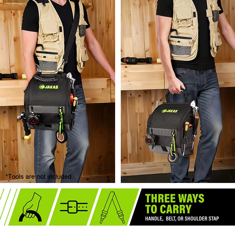 JAKAH Professionelle Elektriker-Werkzeugtasche JK-208 mit Mehrfach-Taschen, ergonomischem Gummigriff und gepolstertem Schultergurt, Schwarz Grün - Bild 5