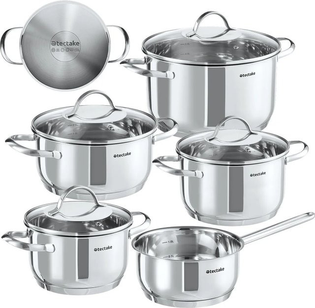 Tectake Kochtopfset Bologna II, 9-teilig, Edelstahl, Silber, für Induktion geeignet, mit Glasdeckeln und integrierter Messskala - Bild 1