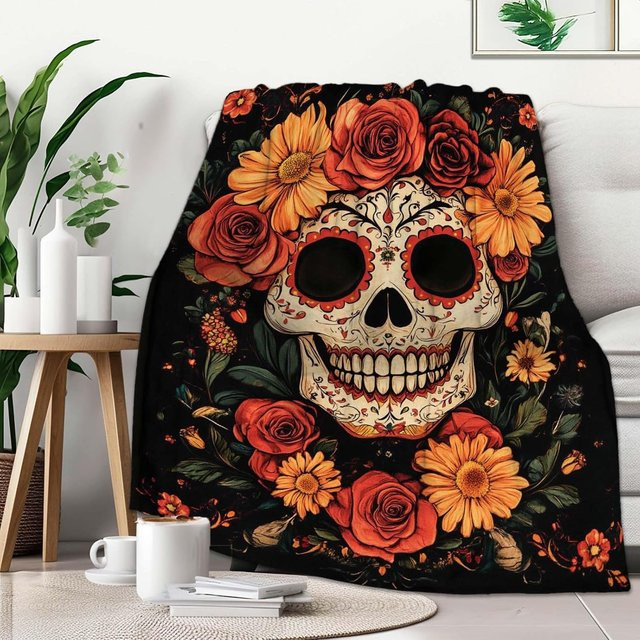 LjqFive Zucker Totenkopf Überwurfdecke aus weichem Fleece in Schwarz, B/B: 75 x 90 cm - Bild 1