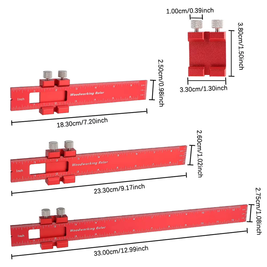 Tiefenmesser Set aus Aluminiumlegierung für die Holzbearbeitung, Markierungsschiebelehre und Scribe-Lineal, Farbe: Rot, 3 Stück - Bild 3