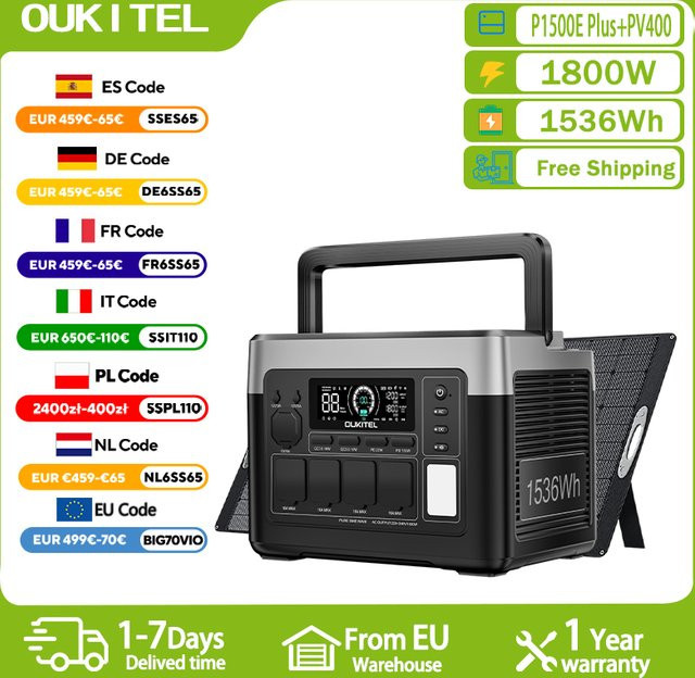 OUKITEL P1500E Plus Tragbare Powerstation 1800W 1536Wh LiFePO4 mit PV400 Solarpanel für Notstromversorgung, Camping und mobile Stromversorgung - Bild 1
