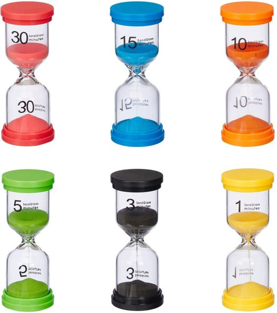 Relaxdays Sanduhren 6er Set für Kinder in Mehrfarbig, Zeitintervalle von 1 bis 30 Minuten, Höhe: 11 cm, Breite: 4,5 cm - Bild 1