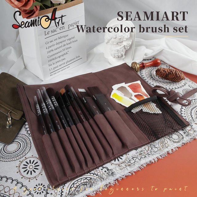 SeamiArt Künstler-Malpinsel Set aus 10 Stück mit Nylonhaar, Holzgriff und brauner Leder-Aufbewahrungstasche für Aquarellmalerei - Bild 1